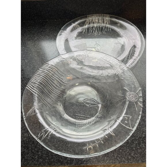 Vintage 1980's Two Piece Serving Set Platter & Bowl Clear Glass Cat Fish Leaf - Picture 3 of 10